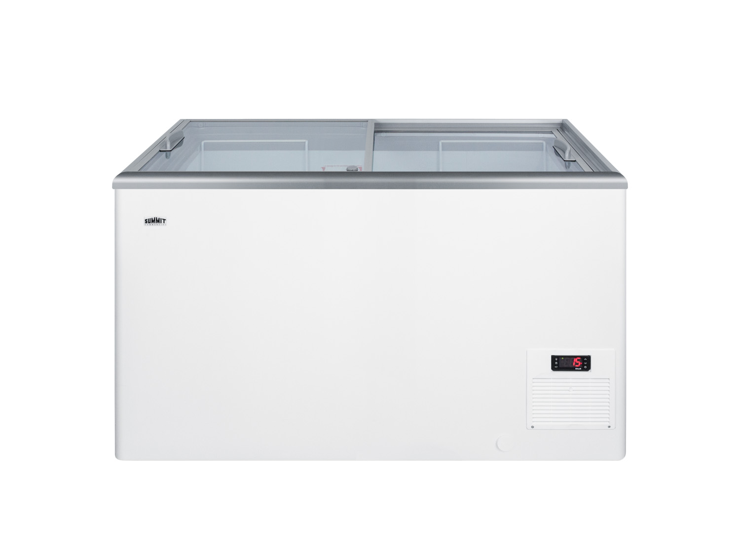Flat top commercial ice cream freezer with sliding glass lid, digital thermostat, novelty baskets, and 11.7 cu.ft. capacity